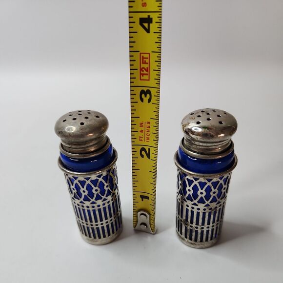 Vintage Cobalt Blue Salt & Pepper Shakers, Silver Plate Filigree Leonard,  Japan - Picture 6 of 6